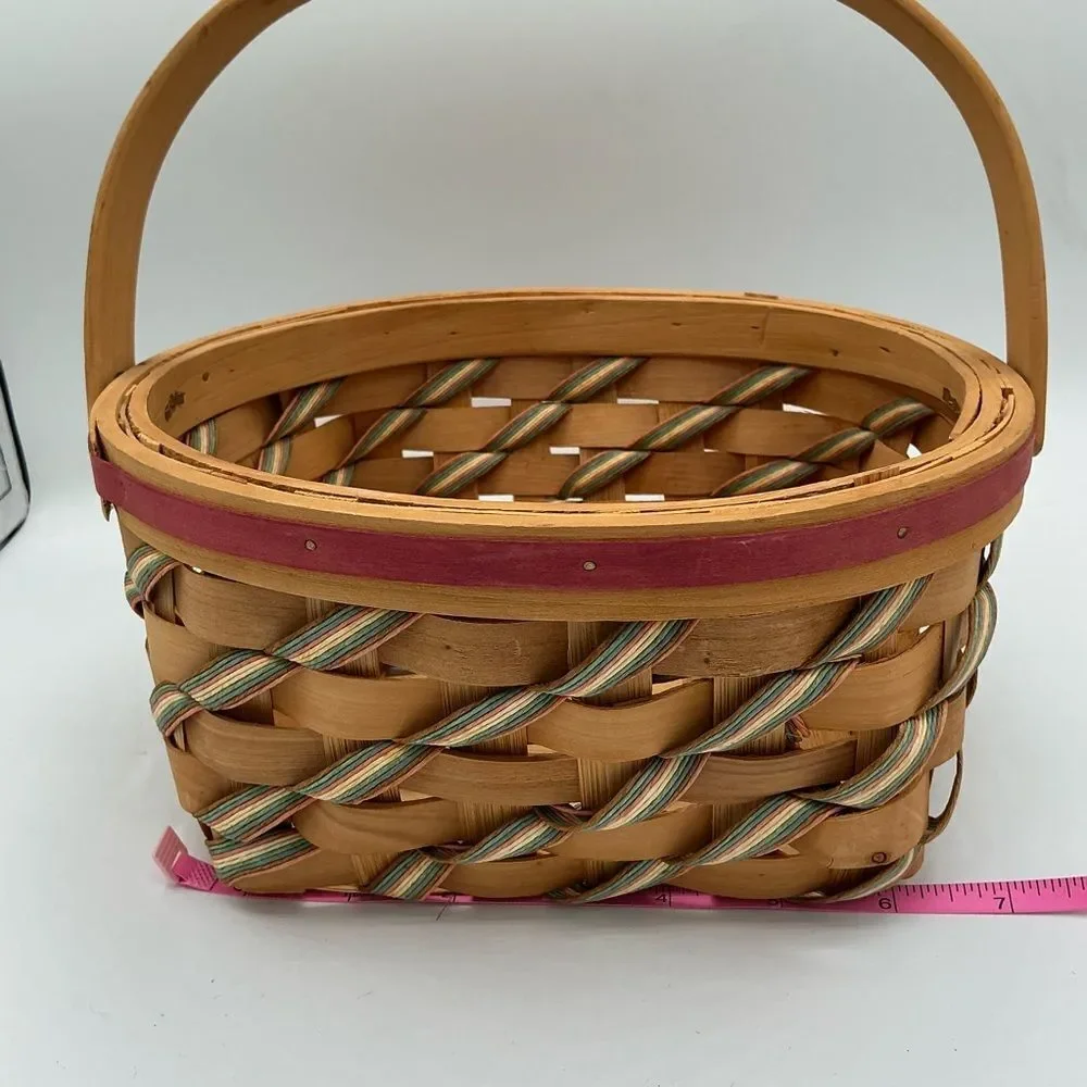 Striped Handwoven Round Basket Hinged Handle Pink/Green